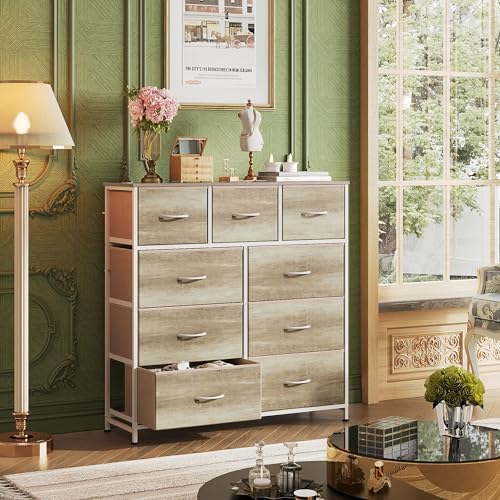 WLIVE Tall Dresser for Bedroom, 9 Drawer Chest of Drawers, Greige