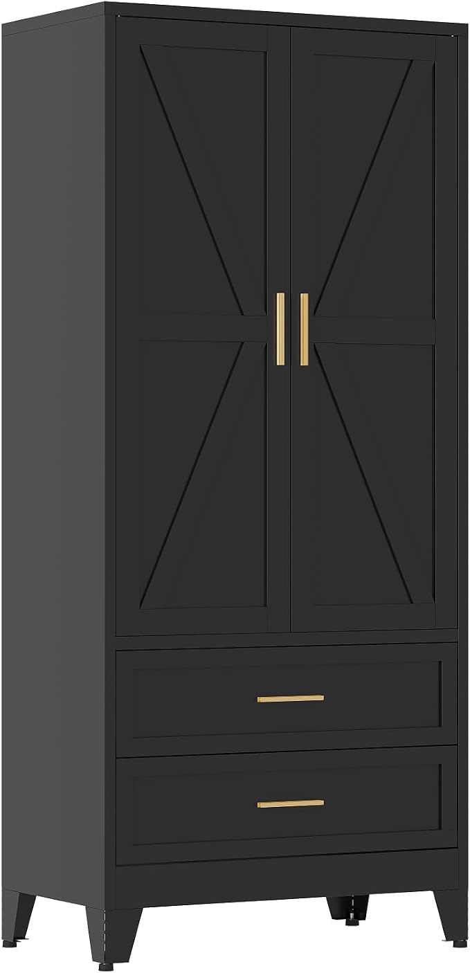 QINPTWUT 71" Tall Metal Wardrobe with Doors, Hanging Rod & Adjustable Shelf, Freestanding Steel Armoire for Bedroom Home Office, 2-Drawer Black