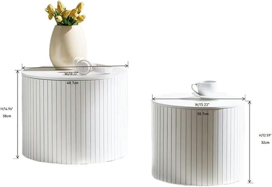 Nesting Coffee Tables Set of 2, Wooden Round Fluted Coffee Tables with Storage, Accent Drum Side Table, Luxury Modern Circle End Table for Small Spaces Living Room Bedroom Balcony Office, White