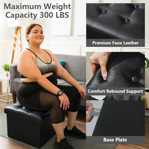 AmasSmile Ottoman with Storage,17" Folding Leather Foot Rest Chest,Black