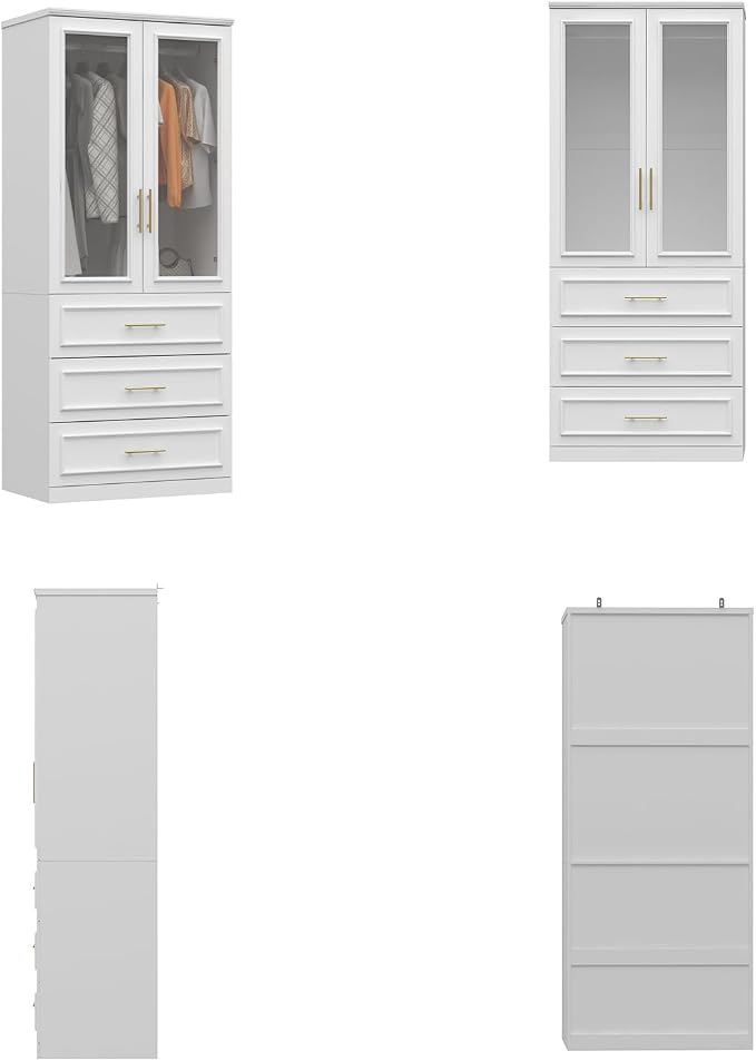 FUFU&GAGA Wardrobe Closet with Glass Doors, 3 Drawers, Modern White Bedroom Armoire with Gold Handles, Modern Clothes Storage Cabinet with Shelf, Hanging Rod, 31.7”W x 19.3”D x 74.8”H