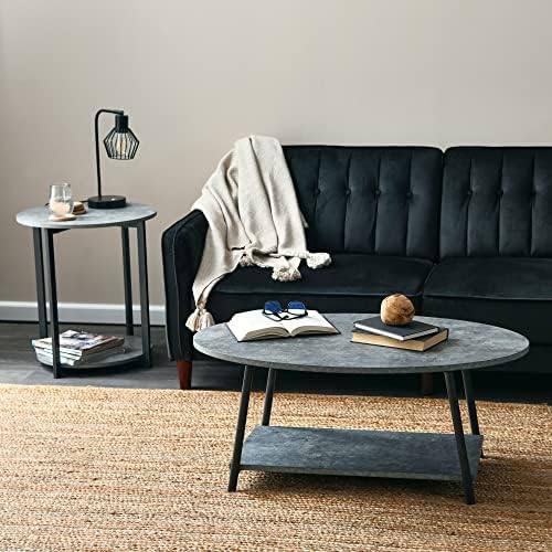 Household Essentials Oval Coffee Table with Storage Shelf in Rustic Concrete Finish and Black Metal Frame, Slate Finish
