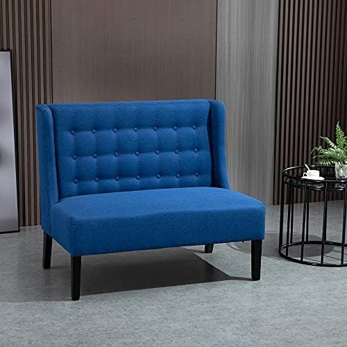 HOMCOM Wingback Double Sofa Linen Fabric Upholstery Button Tufted Loveseat Armless Couch Modern Contemporary Living Room Settee with Wood Legs, Blue