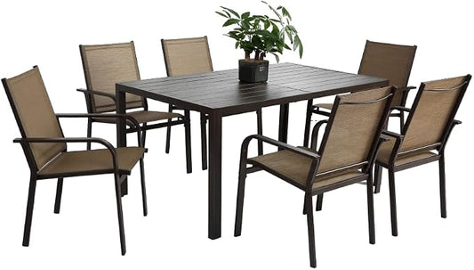 7-Piece Patio Dining Set with Rectangle Table and 6 Stackable Textilene Chairs, Outdoor Furniture for Garden Backyard Deck in Brown