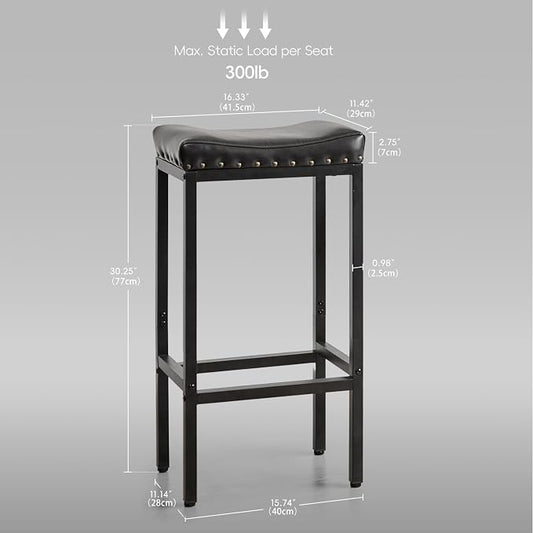 Forteek Counter Height Bar Stools, 30 Inch, Industrial Vintage Bar Stool with Nailhead, Faux Leather Barstool with Footrest, Saddle Stool for Kitchen Island, Dining Room, Easy Assembly