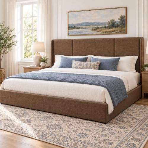 VELOCAVA King Size Lift-Up Storage Bed with Wingback Headboard, Taupe