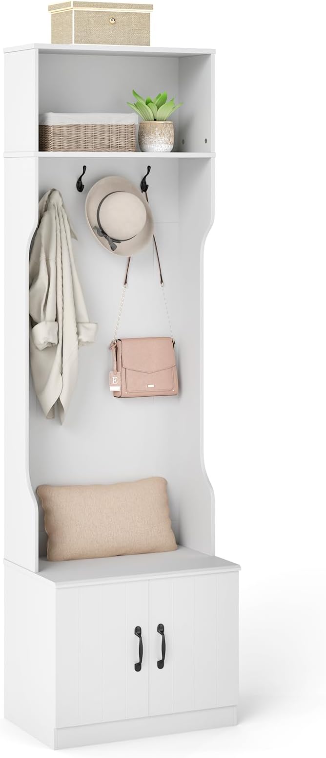 Giantex 3-in-1 Hall Tree with Bench and Shoe Storage, 23.5" Tall Coat Rack with Adjustable Shelves, 4 Hanging Hooks, 2-Door Cabinets, Modern Mudroom Storage Organizer for Living Room, Hallway