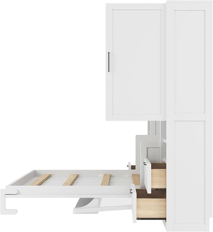 Merax Full Size Murphy Bed with Desk, Closet, Drawers and Shelves, Multifunctional Foldable Wood Platform Bed Frame for Small Spaces Studio Study Office Guest Room, Space-Saving Design, White