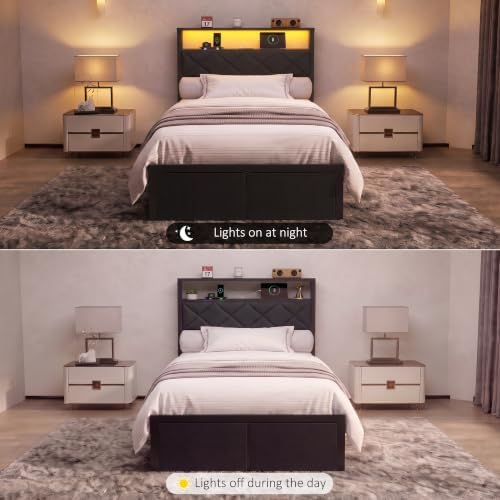 Twin Bed Frame with LED Lights, Charging Station & 2 Storage Drawers, Metal Platform with Upholstered Headboard, No Box Spring Needed, Easy Assembly
