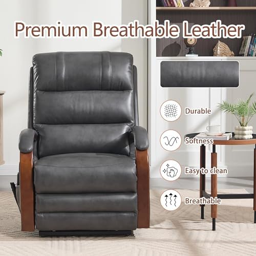 Power Lift Recliner Chair for Elderly People, Dual Motor Lift Chair with Vibration Massage and Heat, Lay Flat Recliner with Solid Wood Armrest, Standing Assistance Reclining, Faux Leather Dark Gray