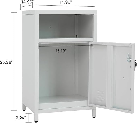 ALBAD Compact Metal Nightstand with Lockable Cabinet and Open Shelf, Modern Bedside Table, Versatile Side Table for Bedroom, Living Room, or Office (White, 26" H-Lockable Door)