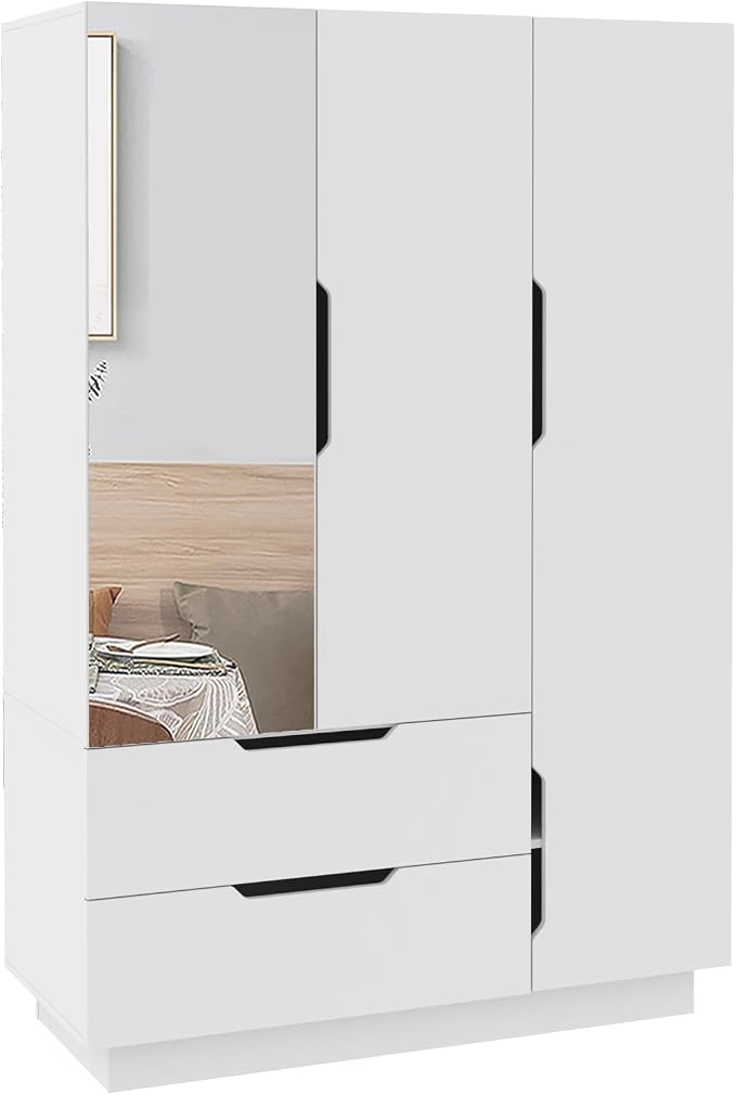 Hlivelood 3 Doors Armoire Wardrobe Closet with Mirror,2 Large Drawers, LED Light Wood Wardrobe Closet, Armoire with Hanging Rod for Bedroom, White