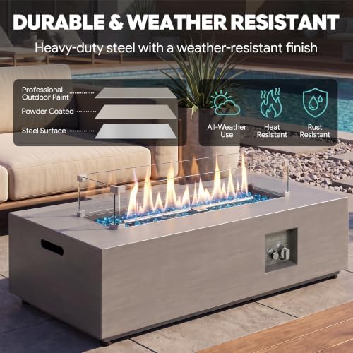 Werph 42’’ Propane Fire Pit Table Set with Tank Holder, CSA Certifed 50,000 BTU Outdoor Firepit Table, Wind Guard & Glass Stones, Smoke-Free Rectangular Fire Table for Garden Porch Backyard