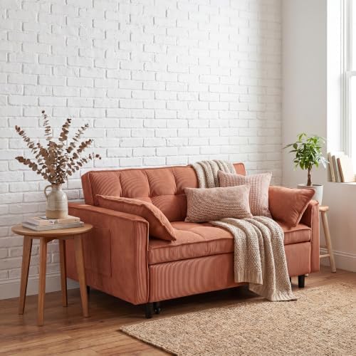 3 in 1 Convertible Sofa Bed, Corduroy Fabric Sleeper Sofa Bed, Modern Pull Out Couch with Side Pockets, Sleeper Couch with Adjustable Backrest for Living Room, Bedroom, Orange