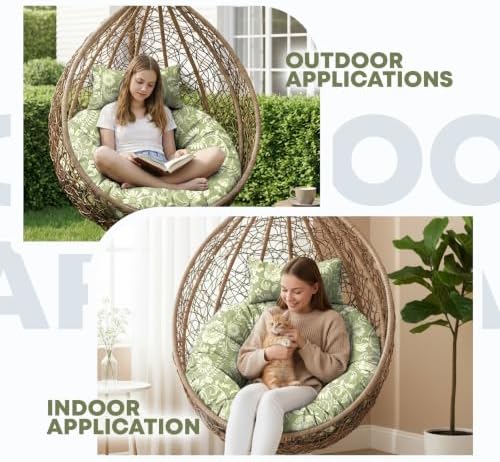 Outdoor Round Egg Chair Cushion Replacement, Waterproof 45" L x 45" W Thicken Hanging Swing Egg Chair Cushions with Headrest Pillow, Soft Wicker Basket Eggs Chairs Pad for Garden (Green Rose)