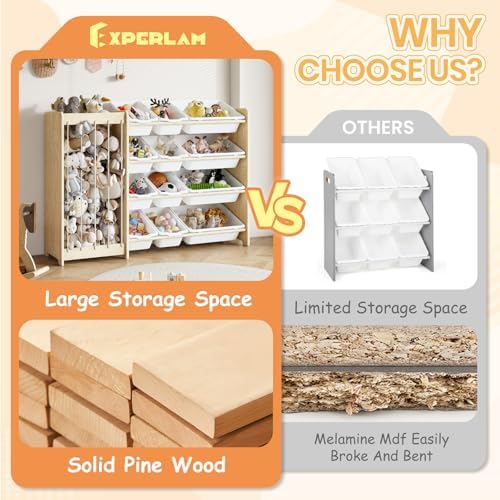 Kids Toy Storage Organizer, 2-in-1 Stuffed Animal Storage & Toy Organizer w/12 Bins, Solid Wood Toy Rack Featuring Thicker Elastic Ropes to Hold Toys, Playroom Nursery Bedroom Storage, White