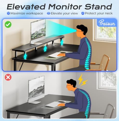 PRAISUN 40 inch Gaming Desk, LED & Power Outlets, Monitor Stand, Black