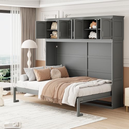 Queen Murphy Bed Cabinet, Wall Bed with Storage, Folding Cabinet Bed with Dual Piston Metal Mechanism, Murphy Cabinet Space Saving Bed for Guest Room, Home Office, Apartment (Gray -z1)