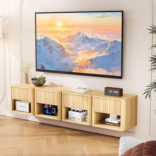VINGLI Floating Nightstand, Fluted Night Stand Rounded Edge, 1 Drawer Bed Side Table, Storage Oak Nightstand with Drawers, Wood Night Stand End Table for Bedroom, 15.75" W x 11.81" D x12.87 H