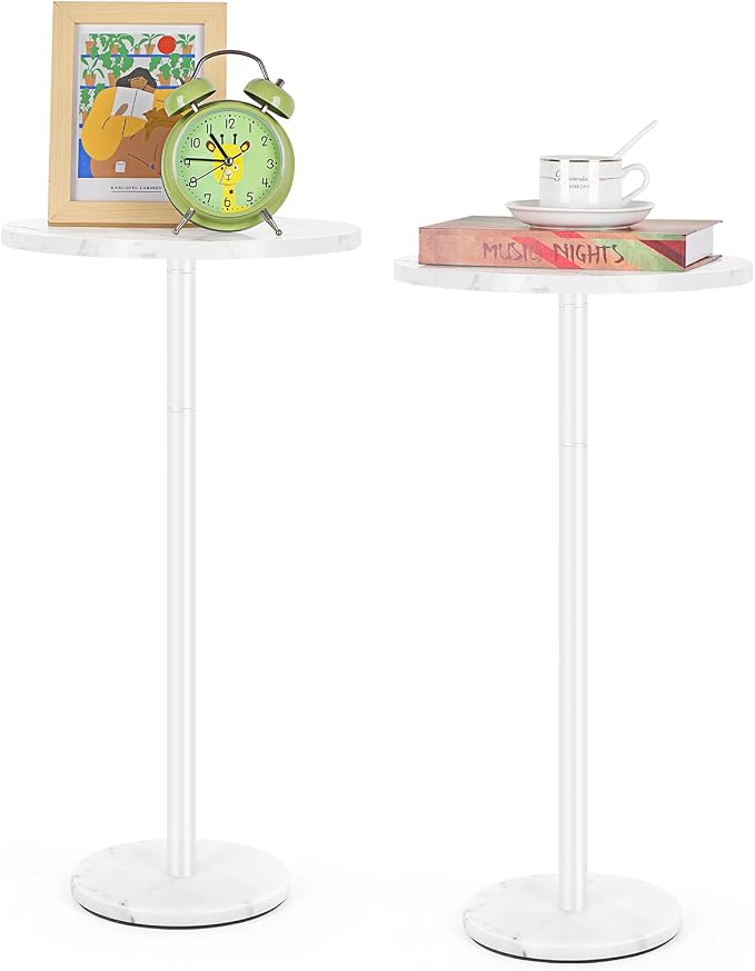 White Round Side Table Small End Table Set of 2 Modern Accent Table Pedestal Drink Table with Marble Base for Small Spaces Living Room Bedroom Outdoor