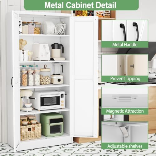 Ckzbx White Metal Cabinets with Doors and Shelves, 71" H Storage Cabinet Pantry Cabinet Garage Cabinets for Kitchen, Living Room, Dinning Room