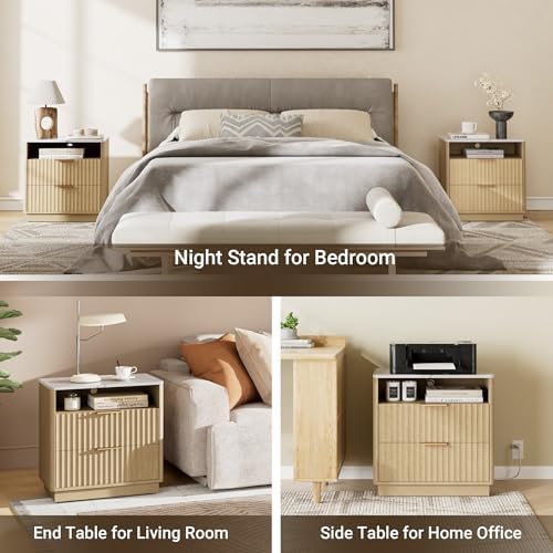 23"W Fluted Nightstand with Charging Station and Faux Marble Top