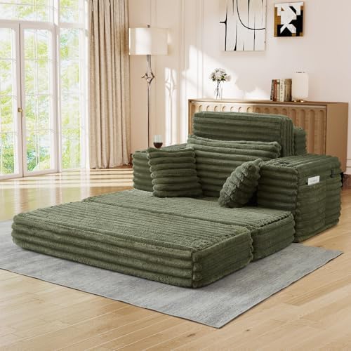 5-In-1 Oversized Chaise Lounge Chair Indoor with Ottoman,54.5"W Faux Fur Convertible Folding Sleeper Sofa Bed with Cup Holder&Side Pocket,Comfy Boneless Couch Sofa Chair for Living Room,Bedroom(Green)