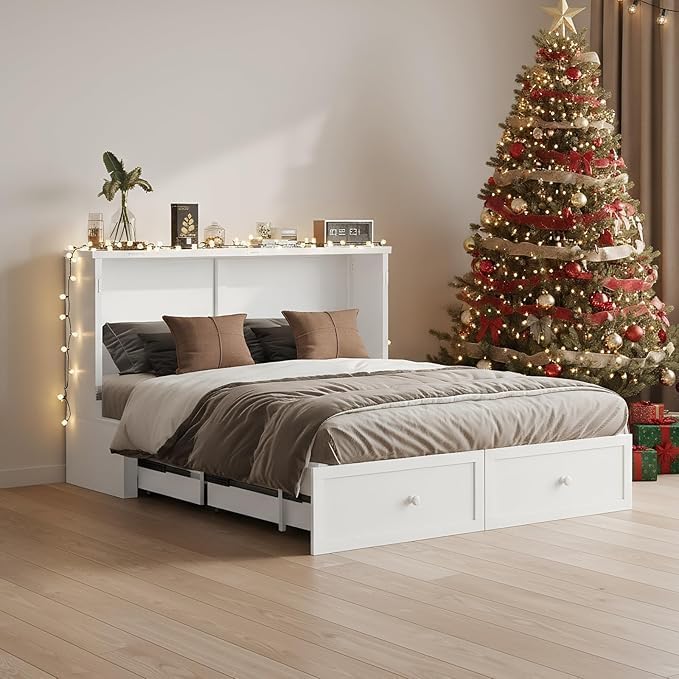 PUREMIND Queen Murphy Bed with Mattress Included, Murphy Bed Cabinet with Storage Drawer, Charging Station, Headboard, Space Saving Wall Beds for Guest Room