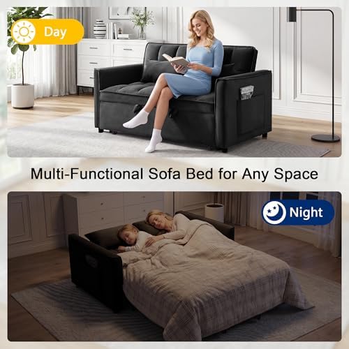 53" Sofa Bed, Velvet 3-in-1 Pull Out Couch & Loveseat Sleeper Sofa, Compact Convertible Folding Couch with Adjustable Backrest for Small Spaces, Black