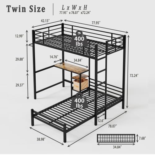Bellemave Twin Over Twin bunk Bed with Desk and LED Charging Station, loft Bed with Desk and Shelves, Metal Bunk Beds with Storage, Black