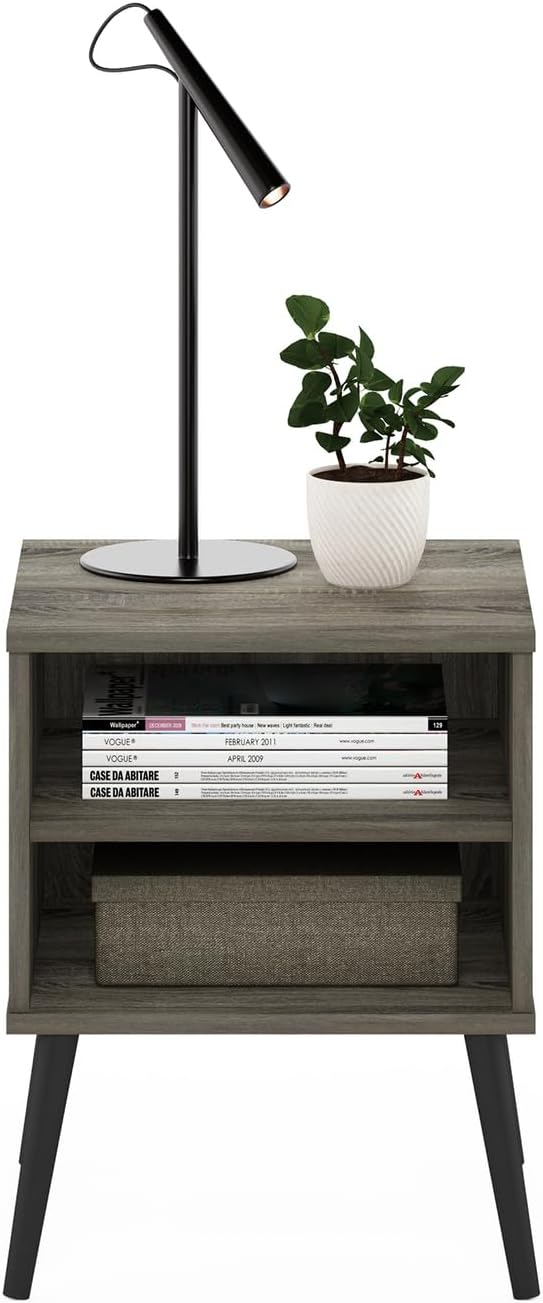 Furinno Claude Mid Century Style Nightstand with Wood Legs, 15.55 (D) x 15.55 (W) x 20.16 (H) inches, French Oak Grey