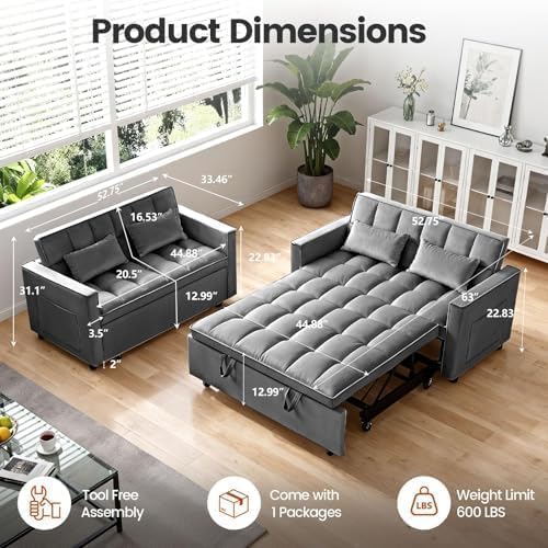 3 in 1 Convertible Sofa Bed, Love Seat Sleeper Bed with Side Pockets, Velvet Fabric Pull Out Couch with Adjustable Backrest for Living Room, Bedroom, Gray Apartment, Gray
