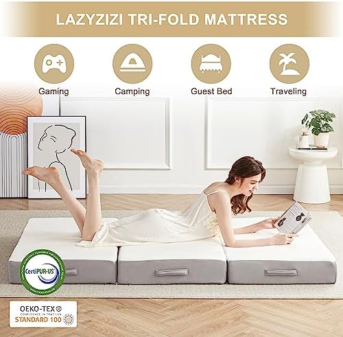 Lazyzizi Folding Mattress,Memory Foam Tri-fold Mattress with Breathable & Washable Bamboo Fiber Fabric Cover, Foldable Floor Guest Bed for Camping, Road Trip, 6Inch TwinXL