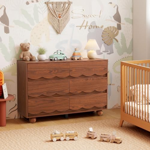 Walnut Scalloped 6 Drawer Dresser, Mid Century Storage Chest of Drawers
