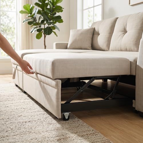 Convertible Sofa Bed, L Shape Sleeper Sofa with Reversible Storage Chaise, Tufted Fabric Sectional Sleeper Sofa with Pull Out Bed for Small Space, Living Room, Apartment, Almond