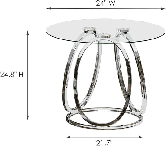 O&K FURNITURE Silver End Table for Living Room, Glass Side Table for Bedroom, Modern Round Glass Nightstand with Metal Frames for Home Office, Chrome Finish, 1 PC
