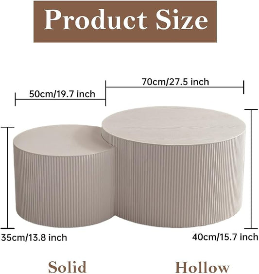 Round Nesting Coffee Table Set of 2 Modern Cream Fluted Coffee Table Small Round End Table Crescent Side Table Circular Coffee Tables Nested Coffee Tables for Living Room (Cream Large)