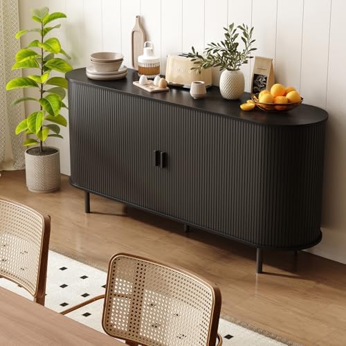 ONBRILL 63" Sideboard Buffet Cabinet, Sliding Door/Adjustable Shelf, Black