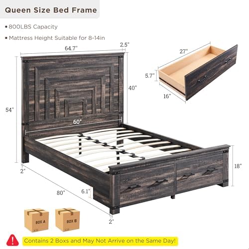 T4TREAM 54" Tall Farmhouse Queen Size Bed Frame, Dark Rustic Oak