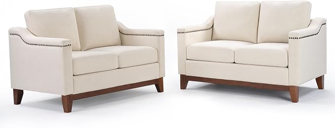 HAOMARKETS Vintage 2-Seater Upholstered Loveseat Sofa Set of 2 with Nailhead Trim, High-Density Foam Cushion & Solid Wood Legs, Soft Fabric Couch for Small Spaces, Beige