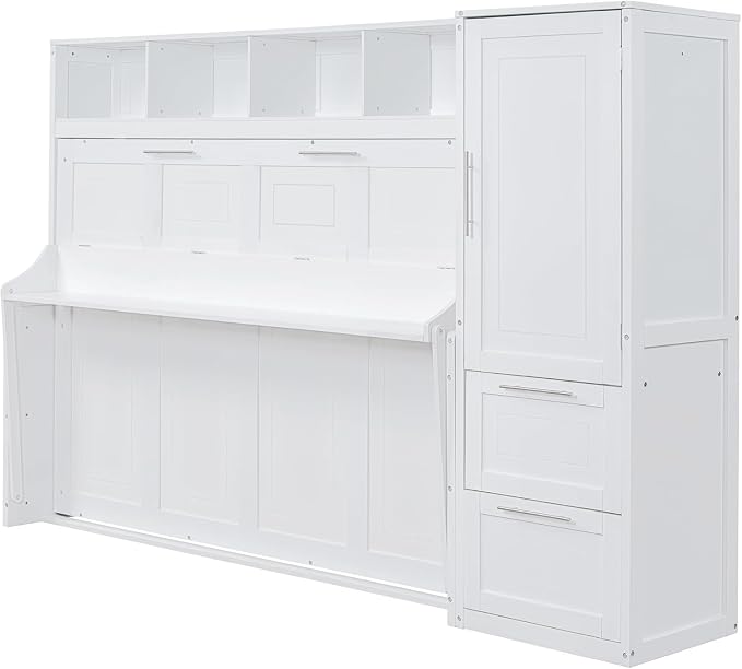 Virubi Queen Murphy Bed with Storage Shelves,Drawers and Wardrobe Closet,Wood Folding Murphy Wall Bed Cabinet (White)