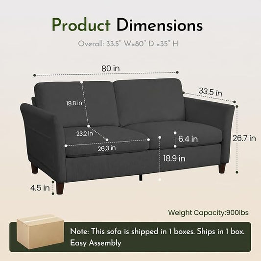 Valthie 80" Corduroy Loveseat Sofa, Modern Comfy Couches with Side Pocket, 3-Seater Sofa Couch for Living Room, Bedroom and Small Spaces,Grey
