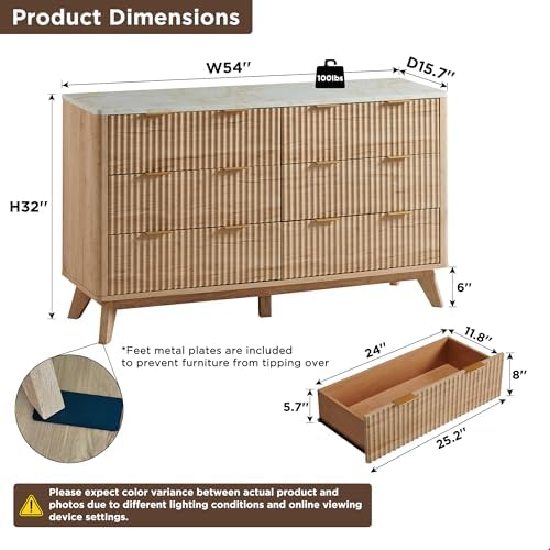 T4TREAM 54" Wide Fluted 6 Drawer Dresser for Bedroom, Natural Oak