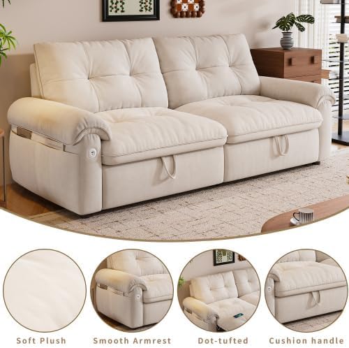 77" Convertible Queen Sofa Bed with USB Port & Side Pockets, White