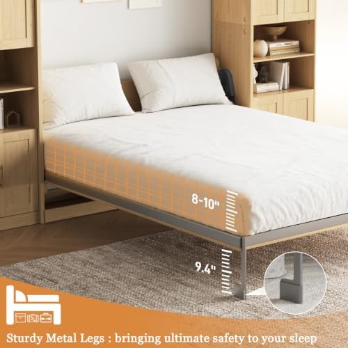 Murphy Bed Queen with 2 Storage Cabinets and USB Port, Natural Wood