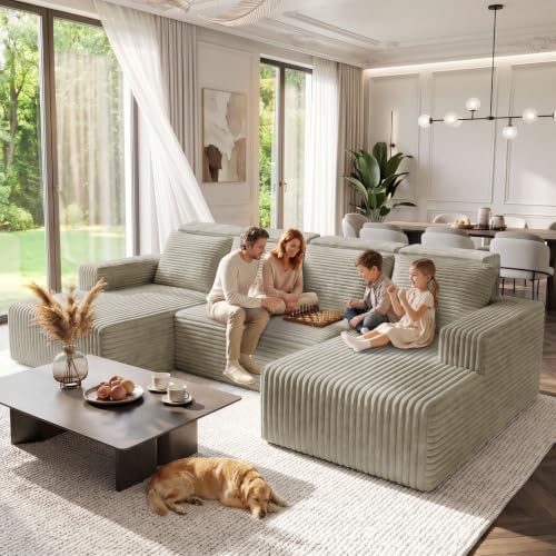 113 Inch Corduroy Boneless Cloud Sectional Sofa, Tatami Style Modular, Vertical Striped Frameless Deep Seat, Plush Cushions with Side Storage, Compressed No Assembly for Living Room & Apartment