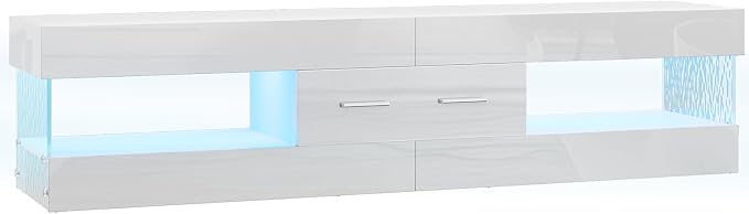 Bestier 67" Modern TV Stand for TVs up to 75 Inch, High Gloss LED Entertainment Center with Stone-Patterned Doors, TV Console with Drawer & Storage for Living Room, White