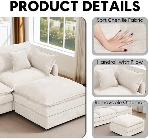 ZEIINPA L Shaped Modular Sectional Sofa, 102" Comfy Upholstery Chenille Deep Seat Cloud Couch with Ottoman, Modern 4-Seat Couches for Living Room, Bedroom, Apartment, Beige White