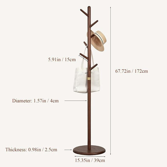 Coat Rack, Solid Wood Coat Rack Freestanding with 6 Hooks, Wooden Coat Tree Freestanding for Hats, Handbags, Coat Stand for Entryway, Bedroom, Hallway - Gift for Her (Walnut)