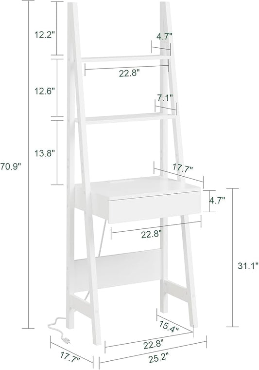 Haotian Ladder Desk with Power Outlet, Narrow Bookshelf Desk with Drawer and Shelves, Compact Secretary Desk for Small Spaces, Bedroom, Home, Office (White FWT112-W)